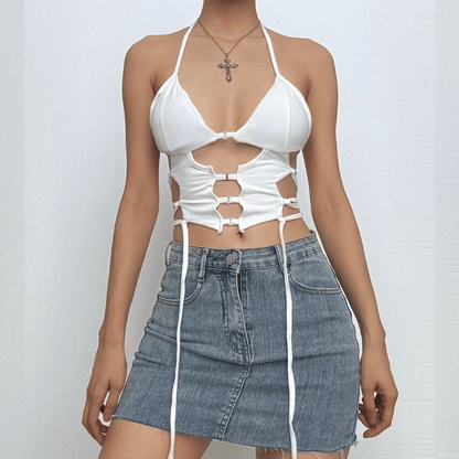 Button hollow out v neck halter backless lace up crop cut out top