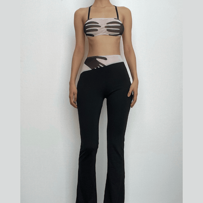 Halter backless mesh patchwork contrast palm pattern pant set