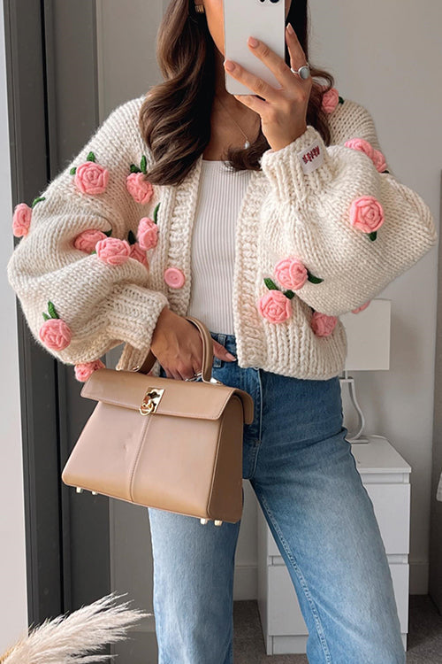 Button Down Flower Applique Sweater Cardigan