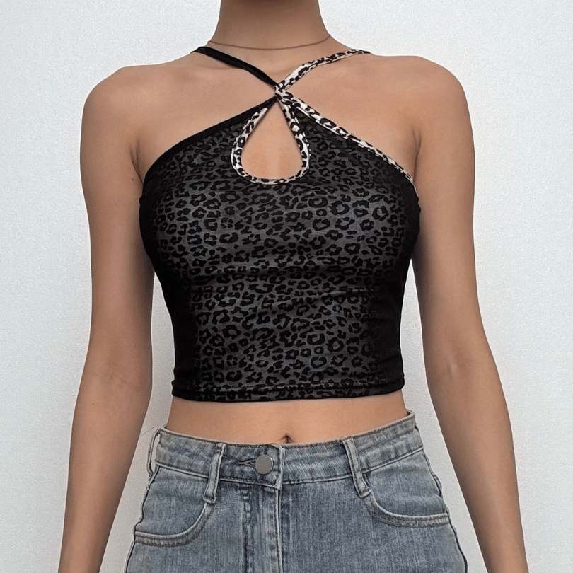 Leopard print cross front hollow out cami cut out top