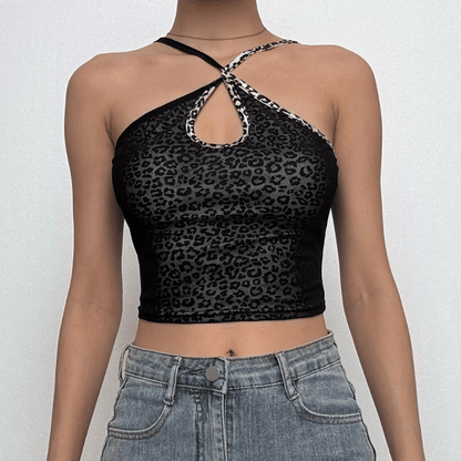 Leopard print cross front hollow out cami cut out top