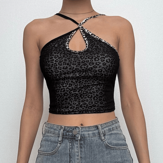 Leopard print cross front hollow out cami cut out top