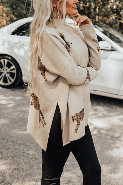 Meridress High Neck Side Slit Cheetah Pattern Sweater