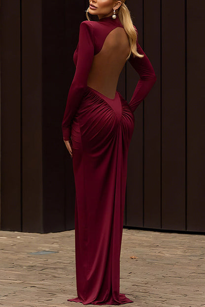 Sexy Backless High-neck Long-sleeved Fitted Draped Maxi Dress