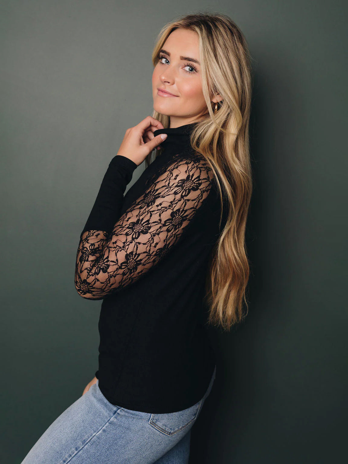 Lace Long Sleeves Tees High Collar Black Sexy Women's Top