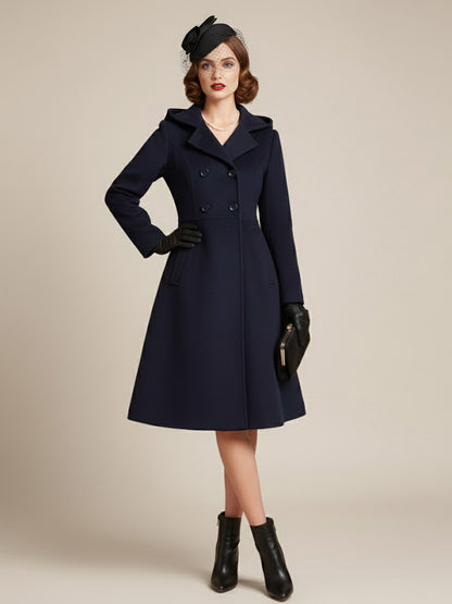 Vintage Hooded A-line Double-breasted Woolen Midi Coat For Women 2026