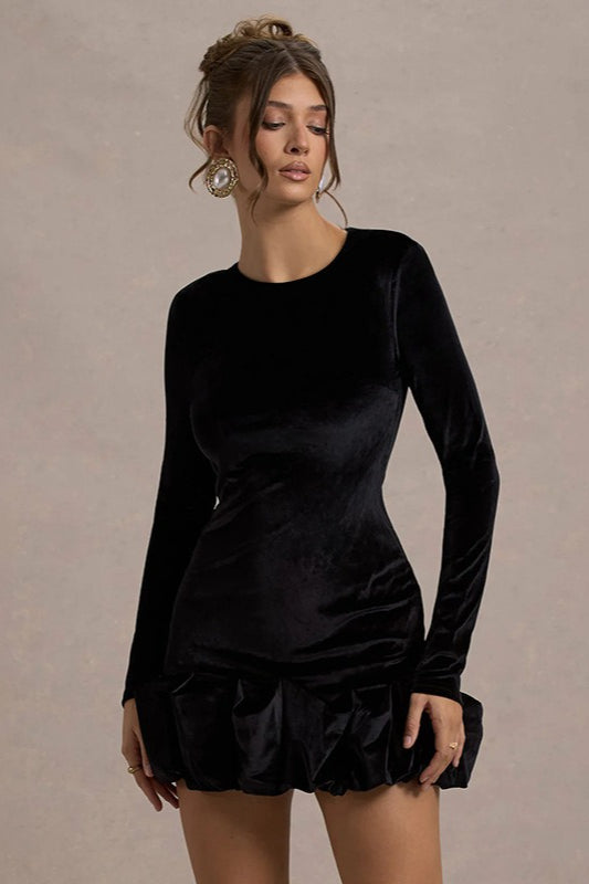 Velvet Crew Neck Ruched Long Sleeve Bubble Hem Mini Dress
