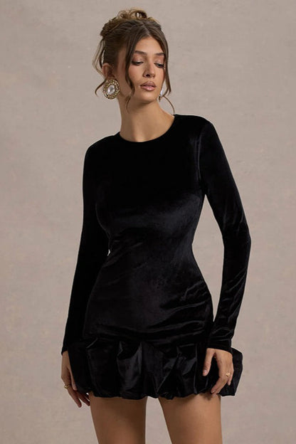 Velvet Crew Neck Ruched Long Sleeve Bubble Hem Mini Dress