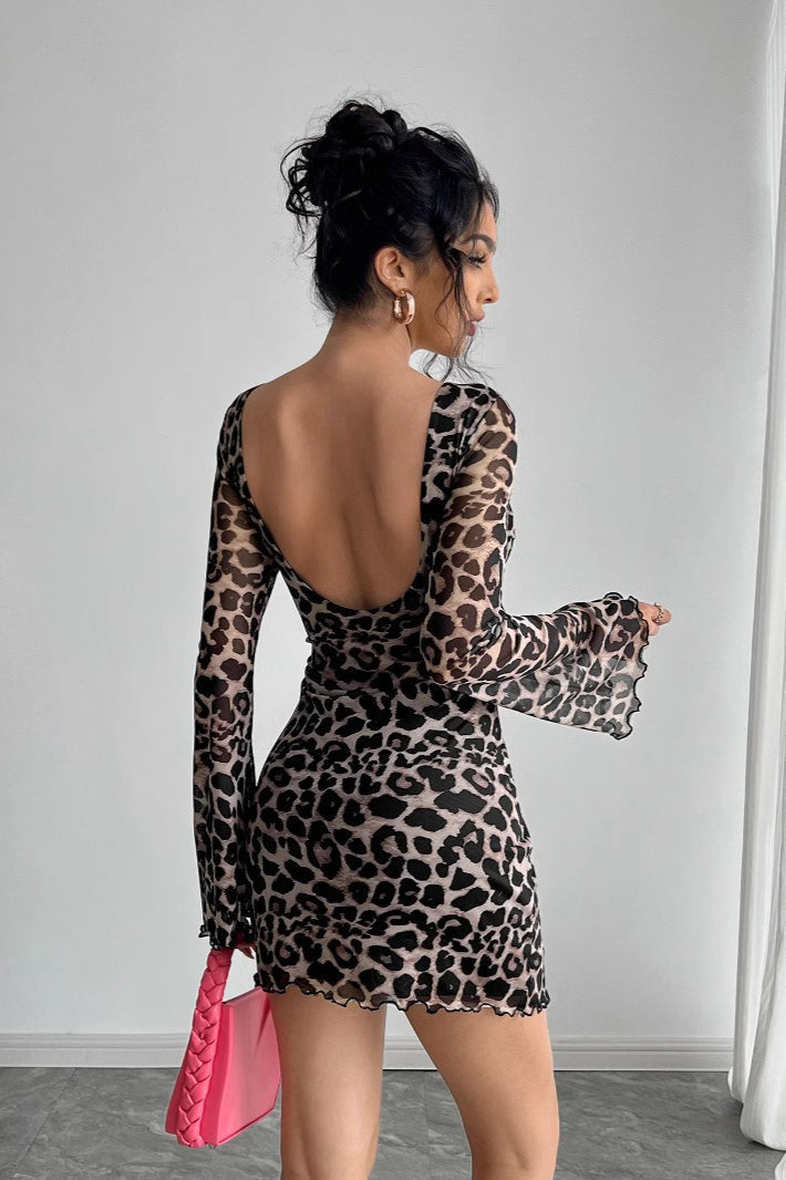 Crew Neck Print Mesh Lettuce Hem Long Sleeve Bodycon Mini Dress