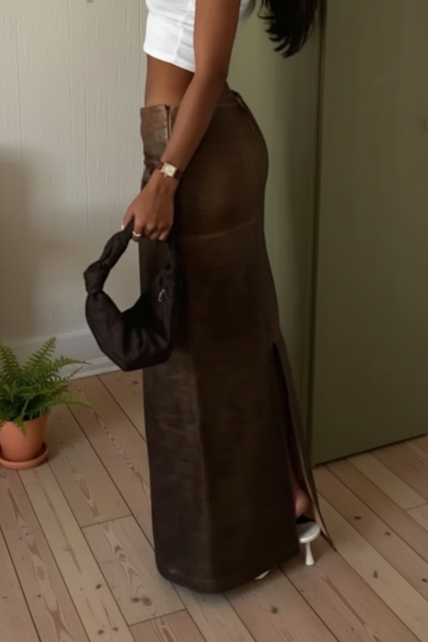 PU Leather Slim Fit Split Midi Skirt