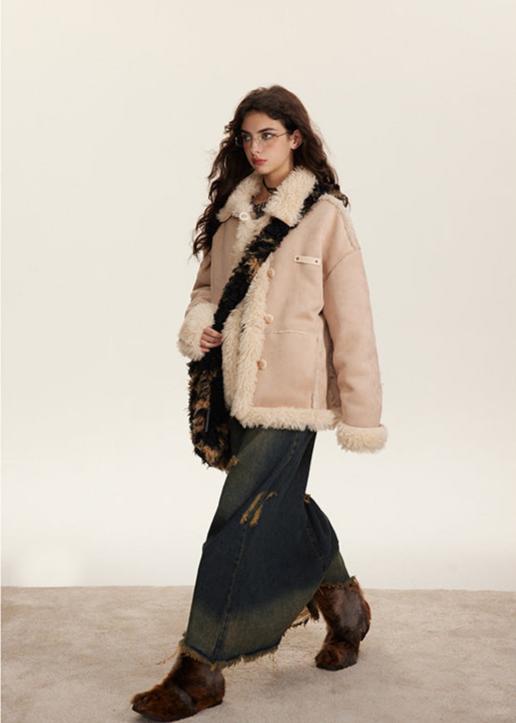 Retro Patchwork Plush Cotton Coat – Cozy and Loose Fit