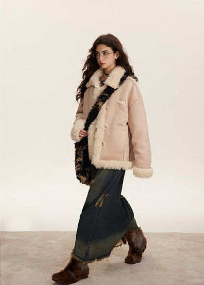 Retro Patchwork Plush Cotton Coat – Cozy and Loose Fit