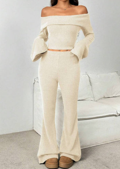 Off-the-Shoulder Ribbed Knit Lounge Set