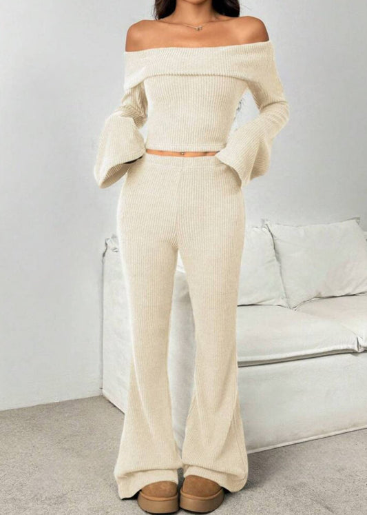 Off-the-Shoulder Ribbed Knit Lounge Set