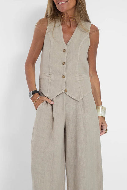Women Casual Linen Waistcoat Two Set Suits