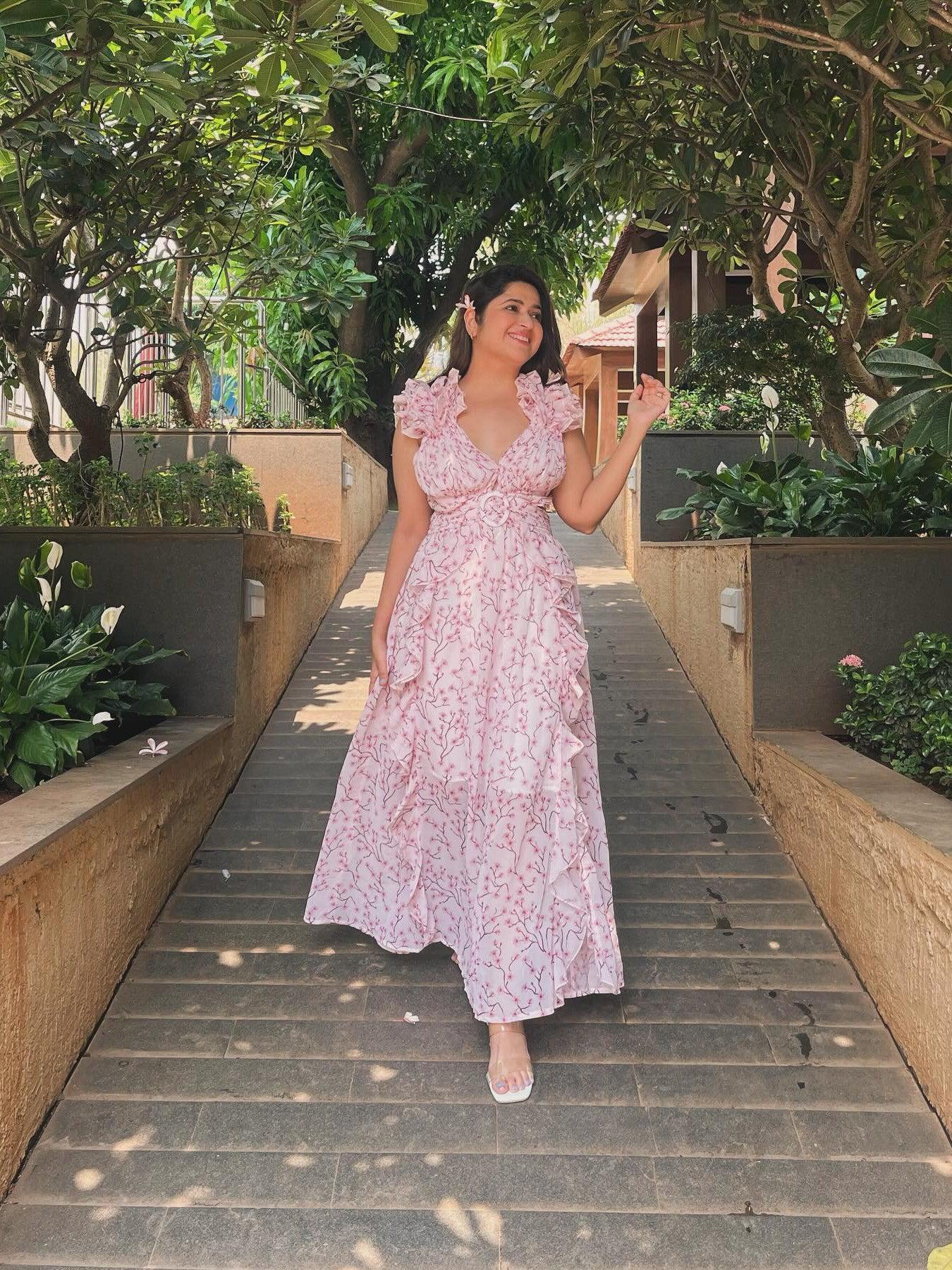 Floral Print Hollow Out Cutout Deep V Plunge Ruffled Backless Dress