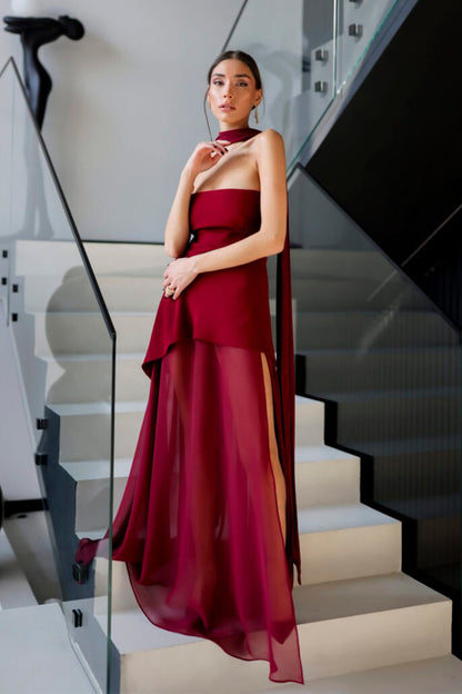 Florence Asymmetrical Chiffon Maxi Dress with Scarf