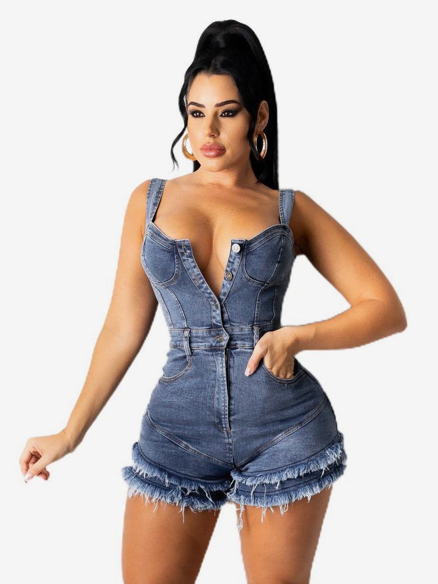 Deep V Neck Denim Romper For Women - Medium Blue Sexy Bodycon Frayed Hem Shorts Jumpsuit - Summer Music Festival Party 2026