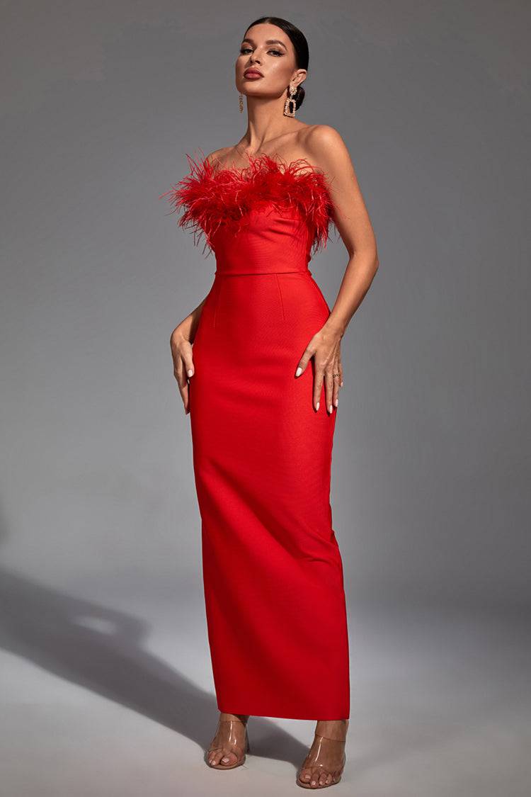 Naomi Red Feather Tassel Maxi Dress