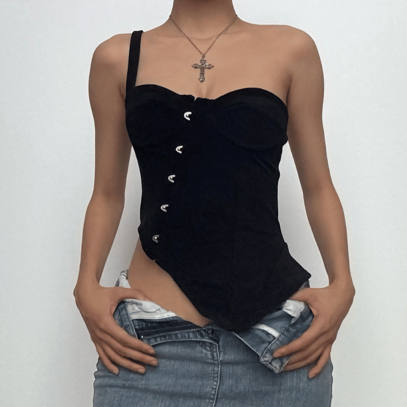 Button one shoulder irregular sleeveless low cut top