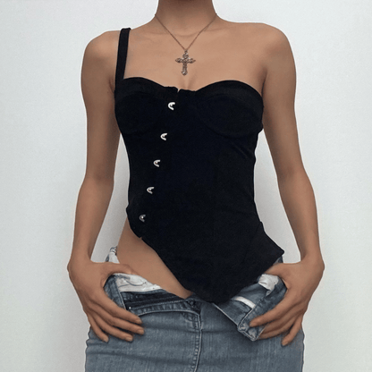 Button one shoulder irregular sleeveless low cut top