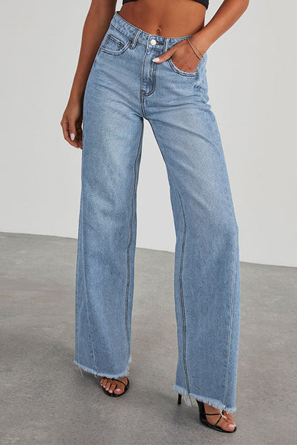 Raw Hem Distressed Wide Leg Denim Pants