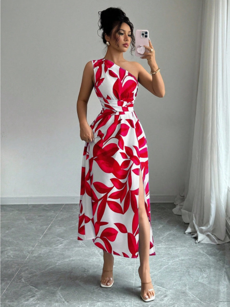 Sloping Shoulders Printed Slit Vacation Leisure Maxi Dresses