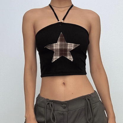 Halter contrast star pattern self tie backless crop top