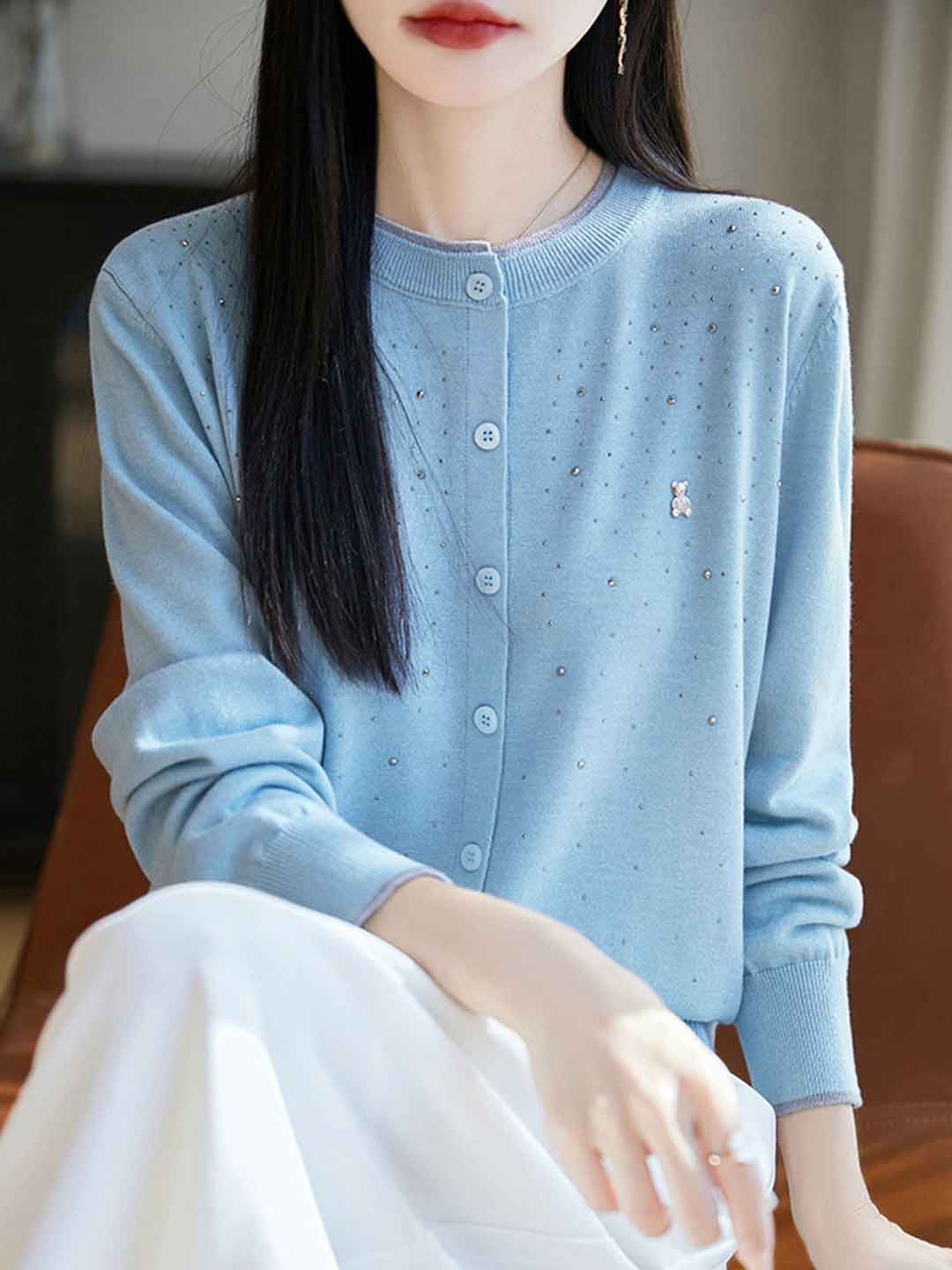 Anna Classic Crew Neck Rhinestone Knitted Cardigan