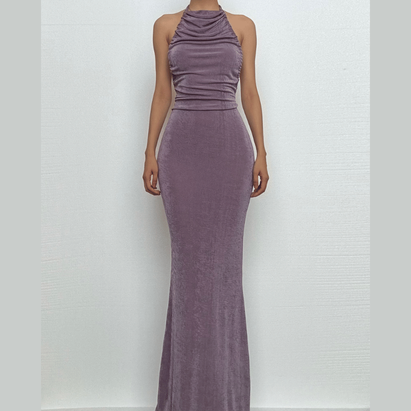 Halter ruched backless maxi dress