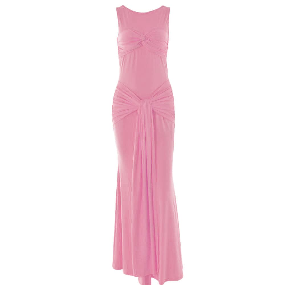 Sleeveless crewneck ruched knotted solid maxi dress