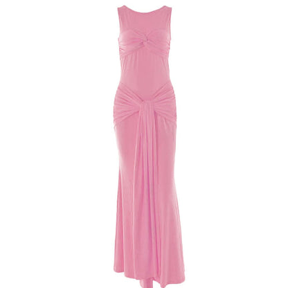 Sleeveless crewneck ruched knotted solid maxi dress