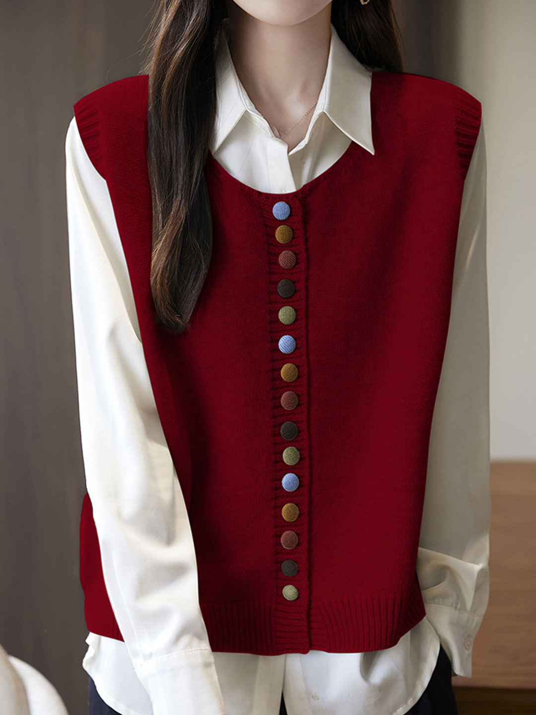 Sophia Vintage Crew Neck Knitted Vest-Black
