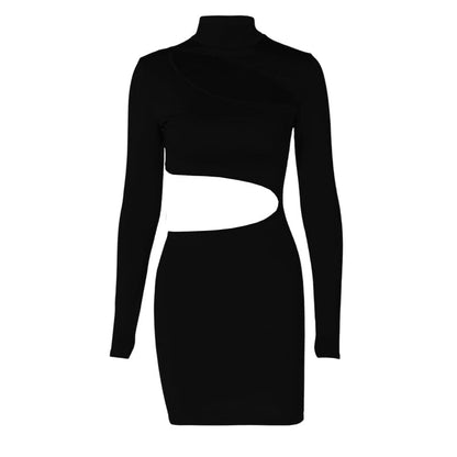 Mock Neck Long Sleeve Asymmetrical Cutout Bodycon Mini Dress