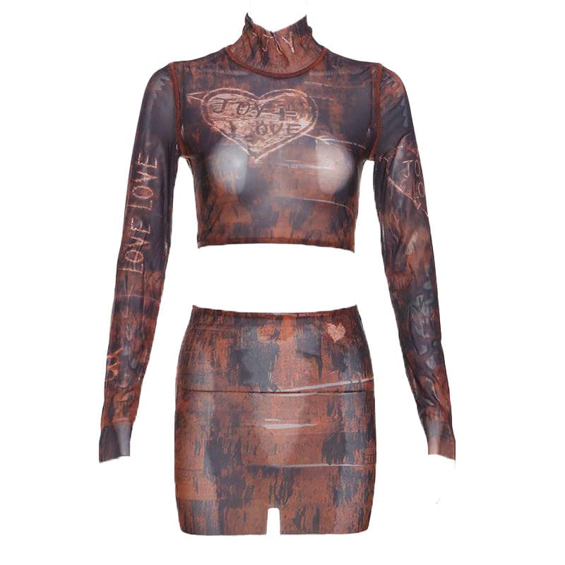 Long sleeve high neck print sheer mesh crop mini skirt set-final-sale
