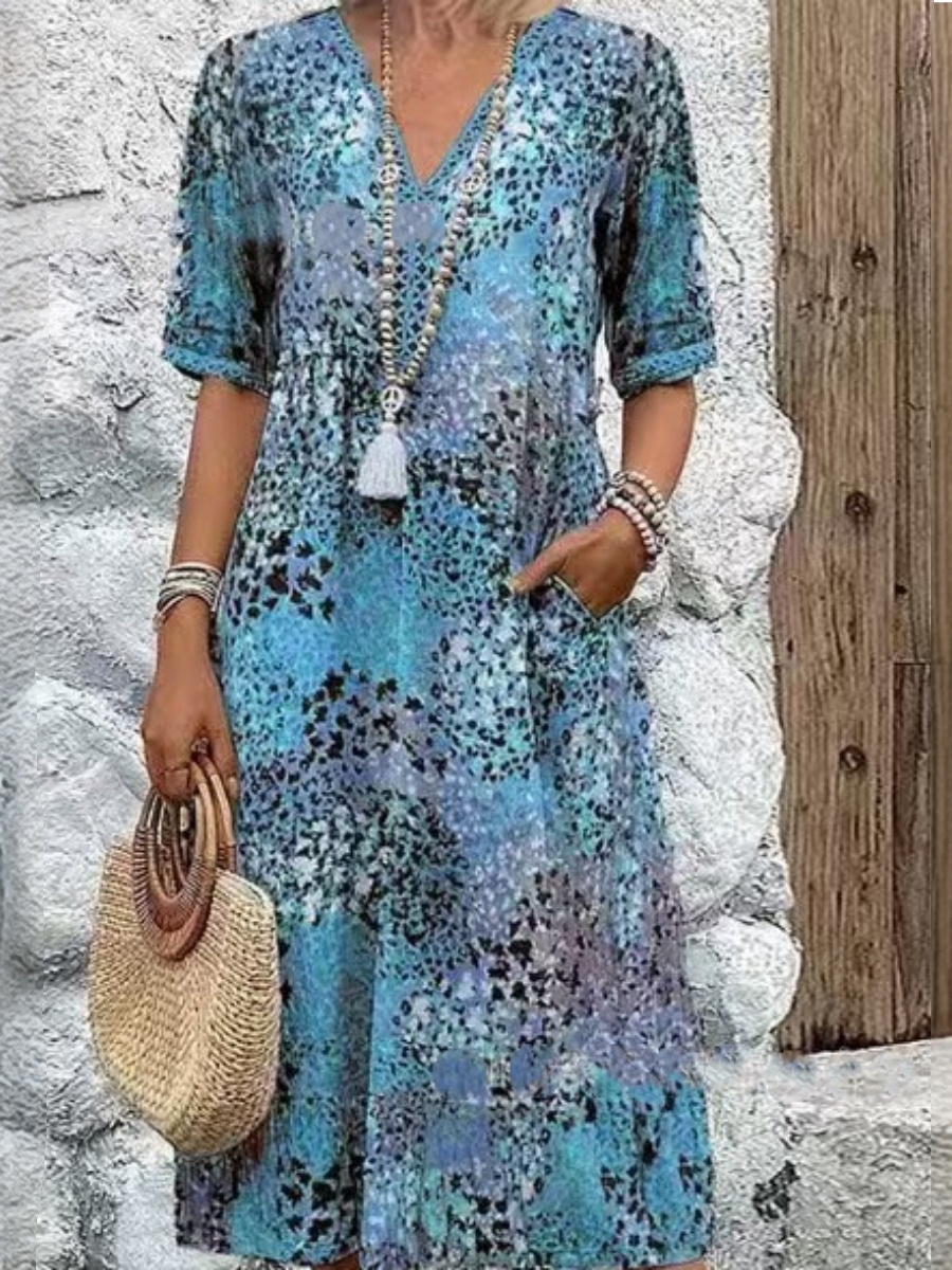 Leopard Print Midi Dress With Lace Trim And V-neck Short Sleeves