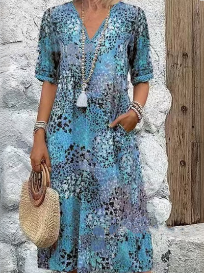Leopard Print Midi Dress With Lace Trim And V-neck Short Sleeves
