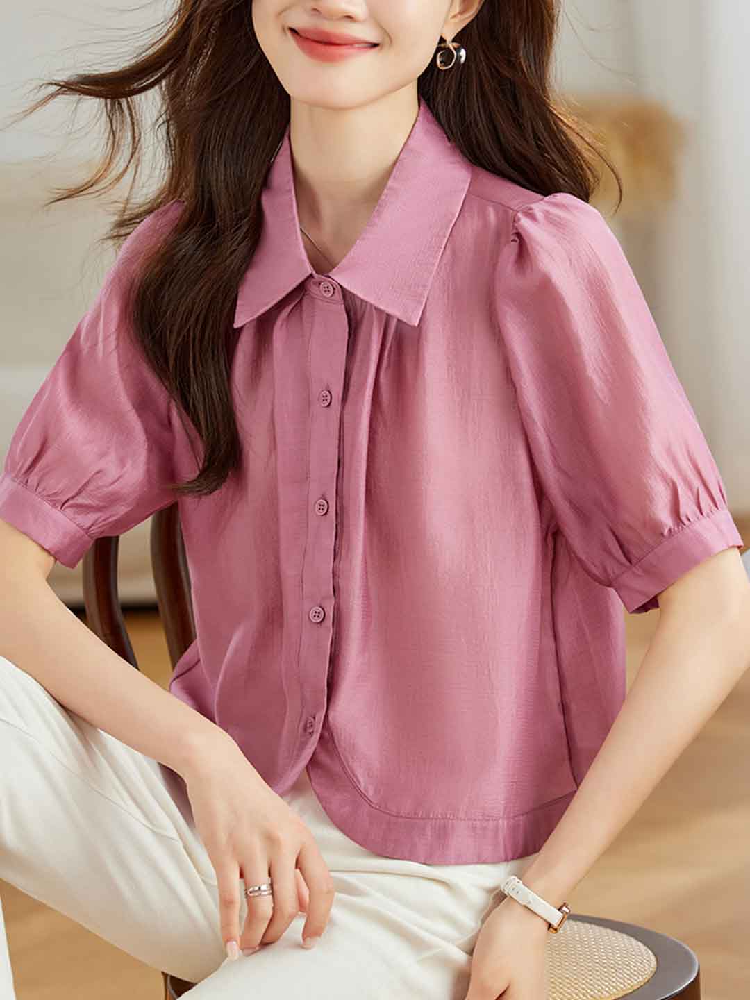 Aaliyah Loose Lapel Puff Sleeve Solid Color Top