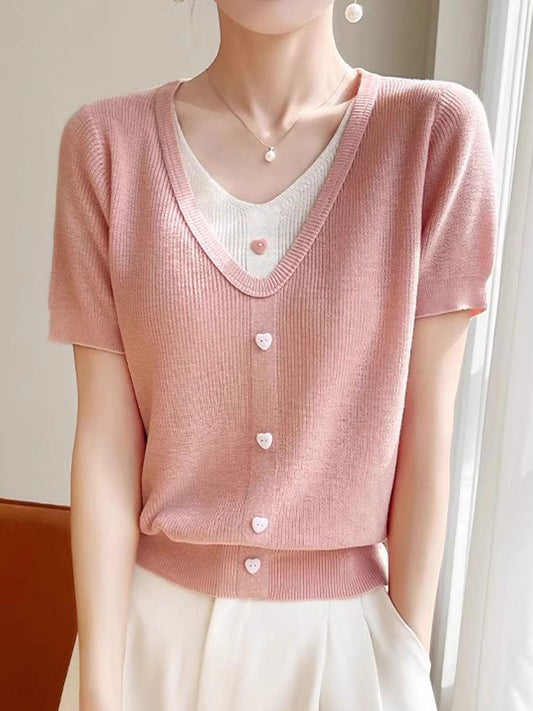 Angelina Casual V-neck Patchwork Knitted Top