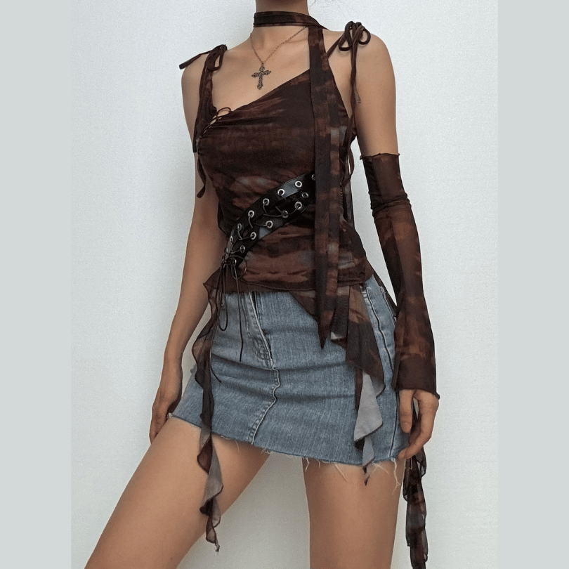 Glove tie dye sheer mesh patchwork ruffle top