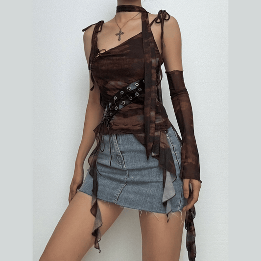 Glove tie dye sheer mesh patchwork ruffle top