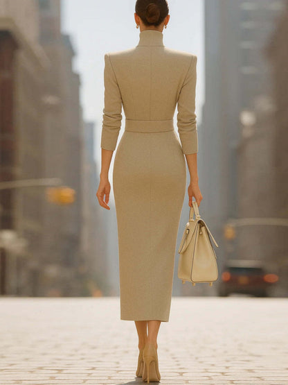 Hip-hugging Slit V-neck Belts&Chain Midi Dresses