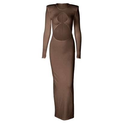 Long sleeve crewneck padded hollow out slit cut out maxi dress