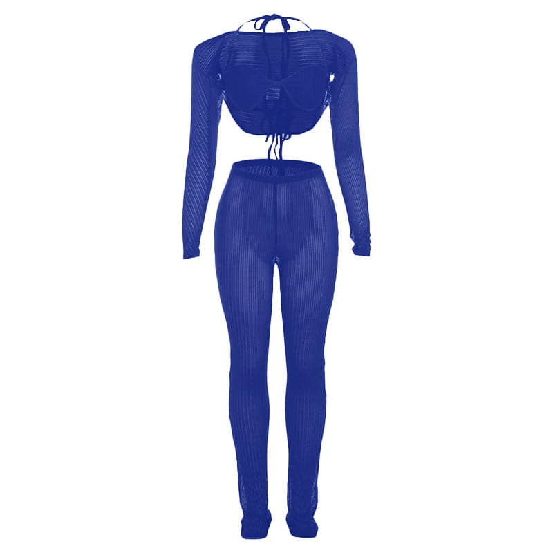 Halter shrug textured see through pant set