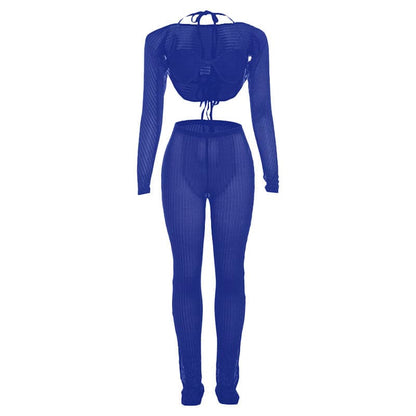 Halter shrug textured see through pant set