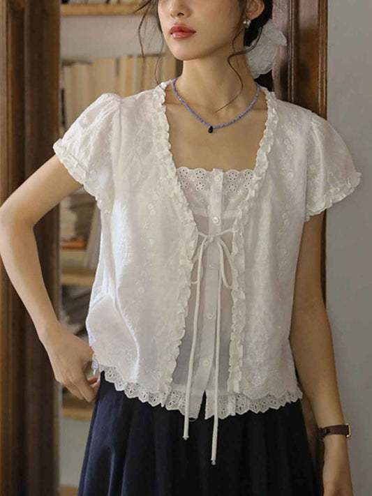 Bailey Loose V-Neck Embroidered Patchwork Top