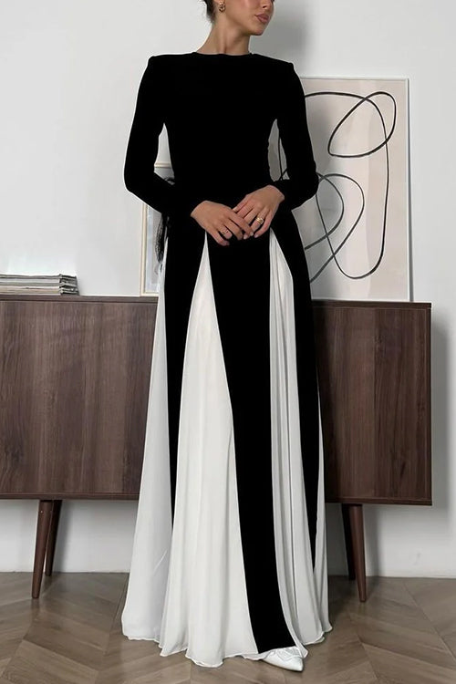 Long Sleeves Color Block Swing Maxi Dress