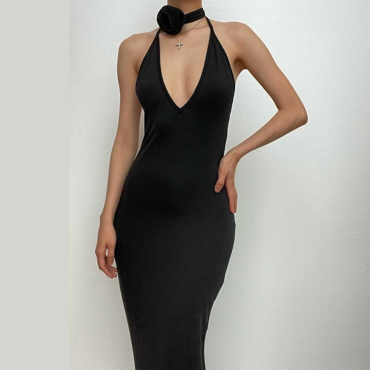 Solid v neck halter backless flower applique self tie maxi dress-final-sale