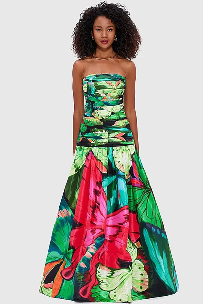 Butterfly Print Ruched Slimming Swimsuit Set