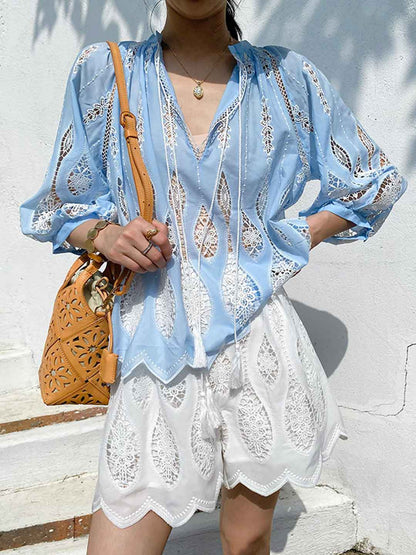 Peyton Vacation V-Neck Hollowed Embroidered Tie Blouse